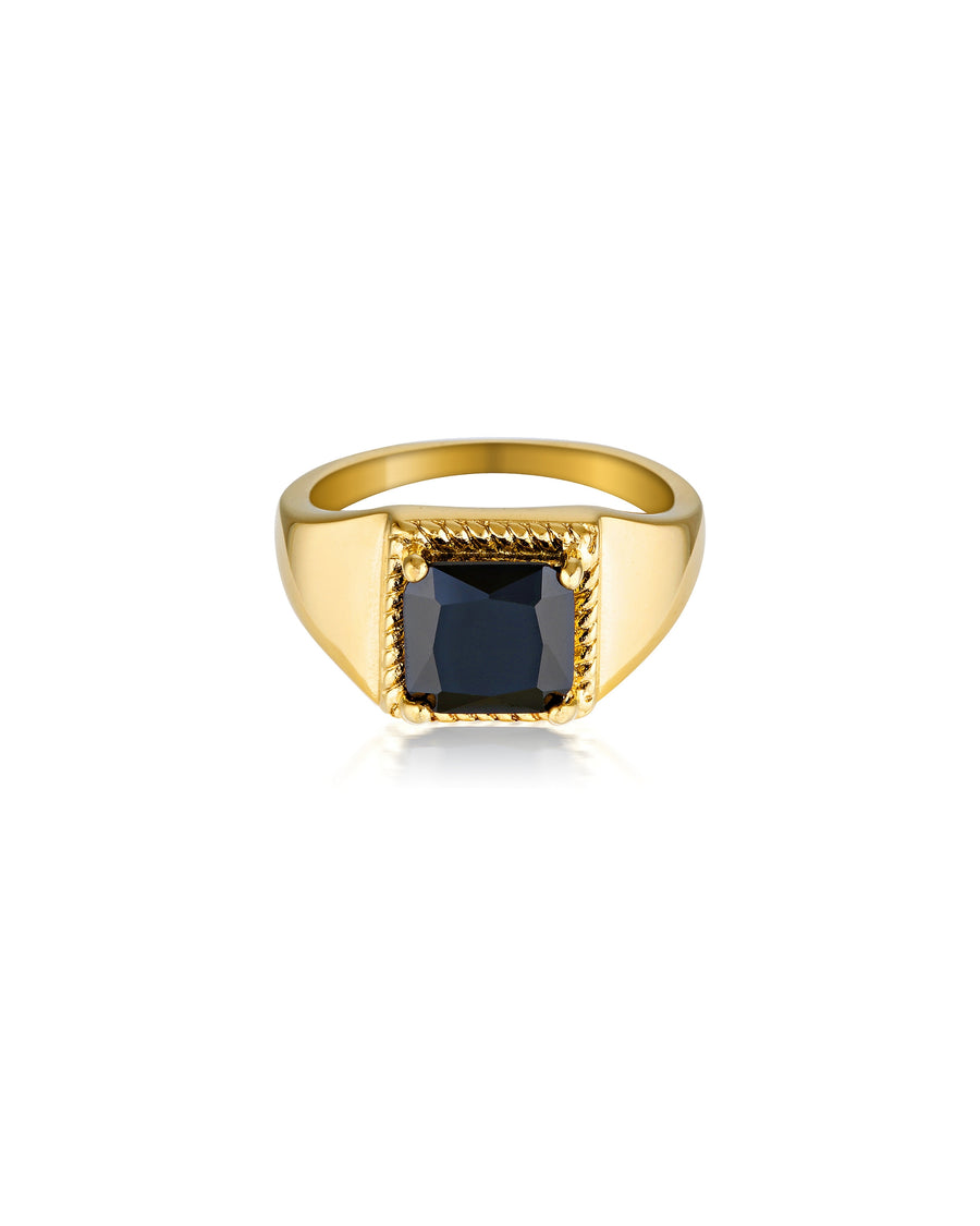 Stainless Steel 18k Gold Plated Black Cubic Zirconia Stone Signet Ring