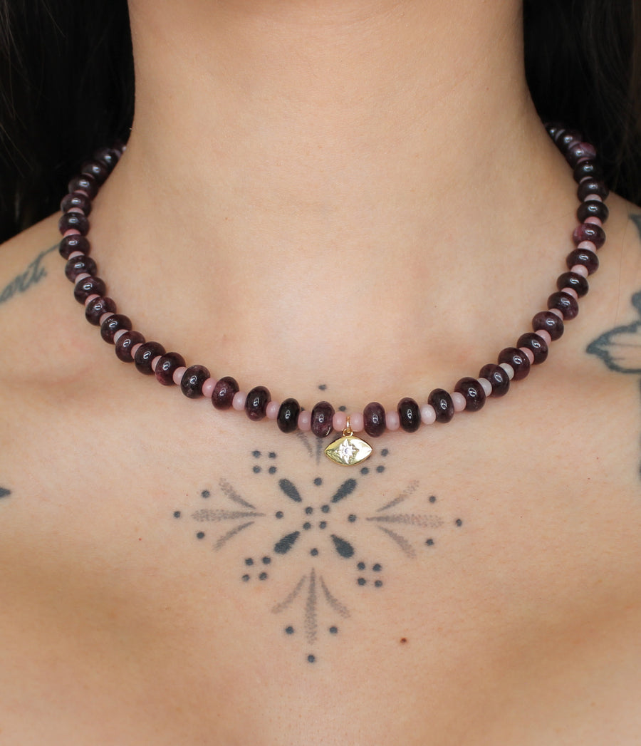 Evil Eye Choker -  Garnet & Rose Quartz