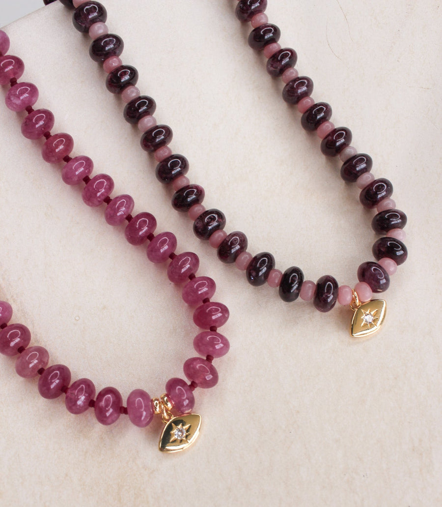 Evil Eye Choker -  Garnet & Rose Quartz